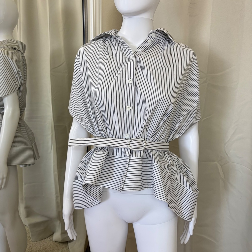 Rosie Assoulin Striped Cotton Cape Shirt Blouse with Belt Size S